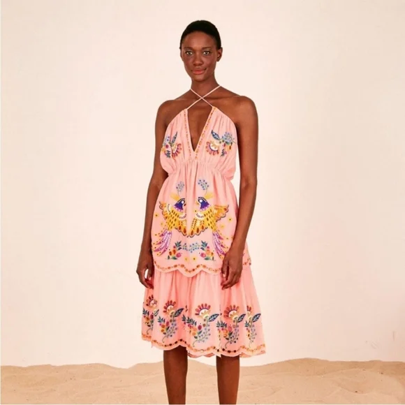 Farm Rio Richelieu Crossed Front Midi Dress, Blush Pink / S